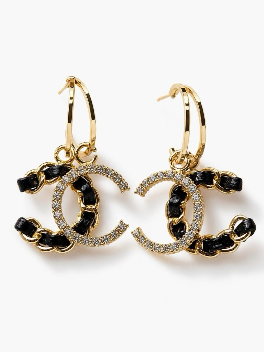 Gold Double CC snake hoop Dangle earrings with white rhinestones